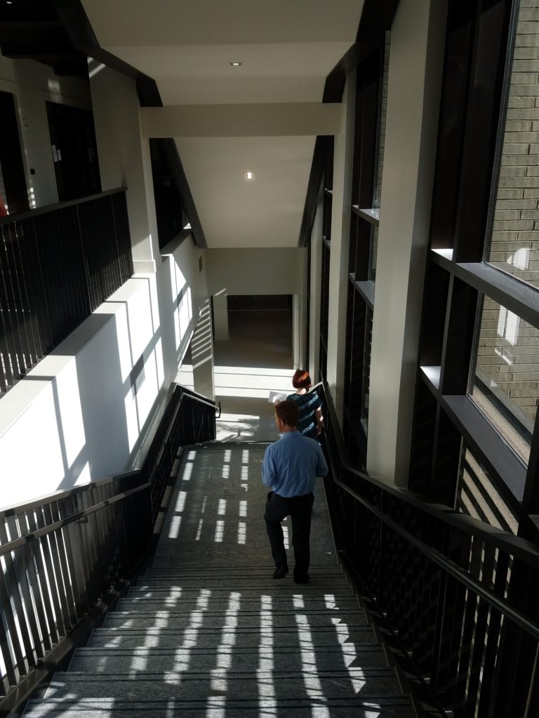 staircase with railing and landing; large light-filled windows to the right create shadows