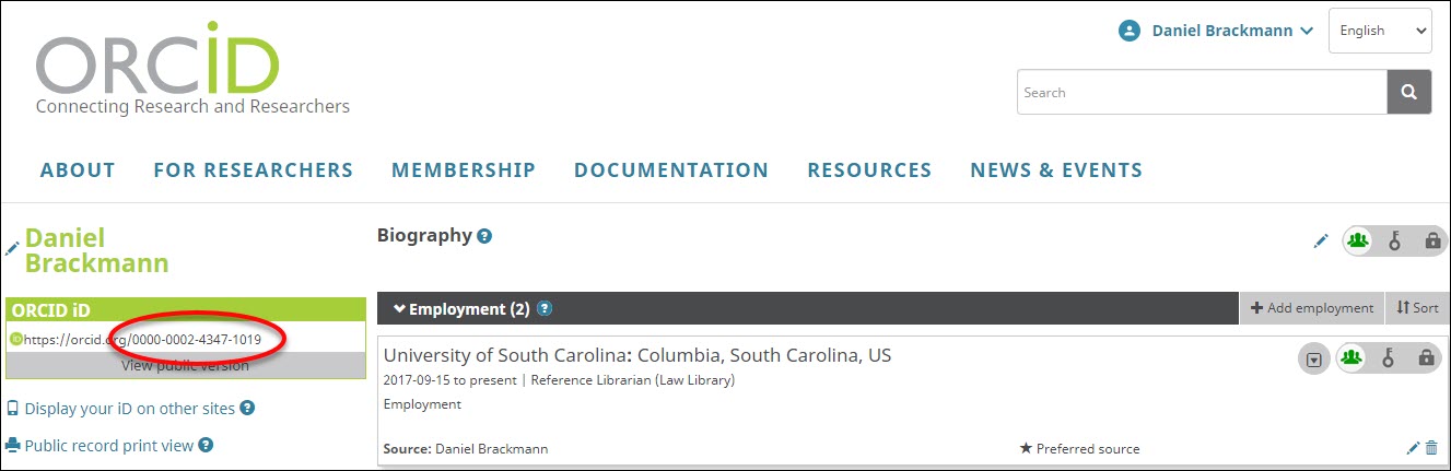 Dan Brackmann's ORCID Profile with the ID number circled