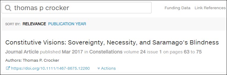 the result page for searching CrossRef for "thomas p crocker" showing an Article by Thomas P. Crocker of the U of SC law school