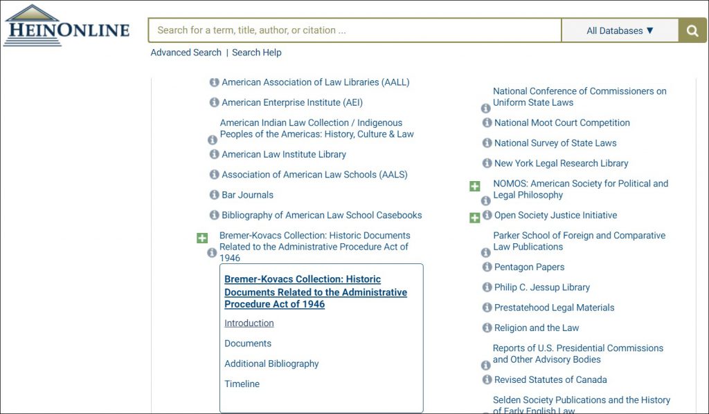 screenshot of HeinOnline's home screen showing the APA Collection