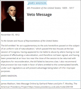 a transcript of a veto message from James Madison dated November 5, 1812 along with a portrait of the president.