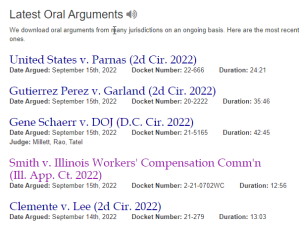 screenshot from courtlistener.com showing the names of cases where the oral argument audio file has recently been uploaded