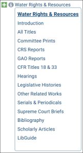 screenshot showing the expanded list of everything available in the Water Rights and Resources database.
