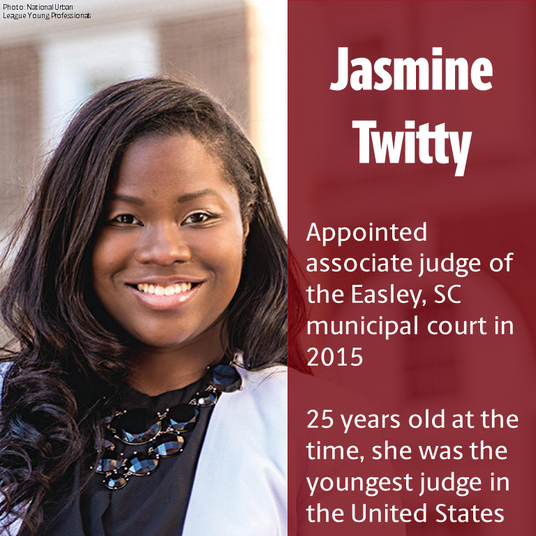 Jasmine Twitty
Appointed associate judge of the Easley, SC municipal court in 2015
25 years old at the time, she was the youngest judge in the United States