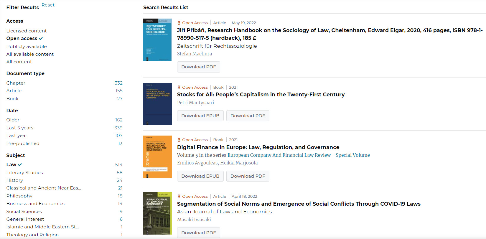 a screenshot showing DeGruyter's website and several of their open access law titles.
