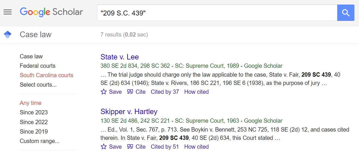 "209 S.C. 439" in Google Scholar search bar. First two results are State v. Lee and Skipper v. Hartley