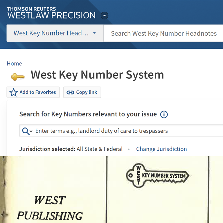top: Thomson Reuters Westlaw Precision golden key logo West Key Number System various links and search bars bottom: yellowed page WEST PUBLISHING key outline with West Key Number System printed inside it