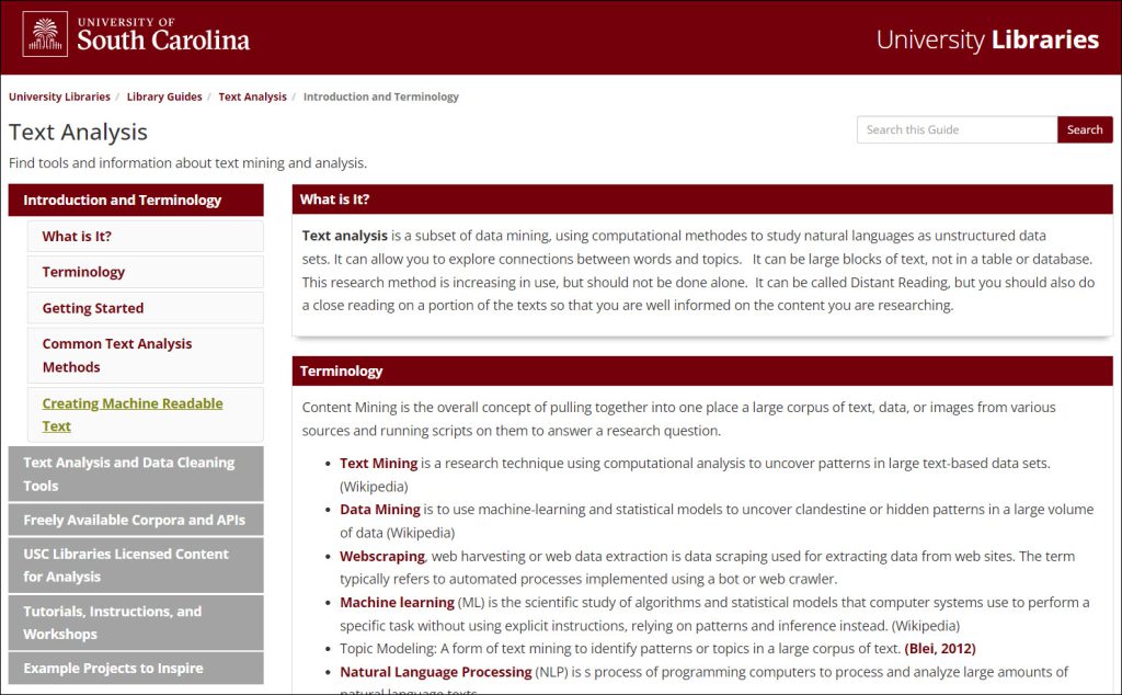 The opening page of the USC Text Analysis LibGuide.