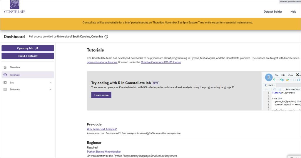 Constellate's tutorial page showing links to learn coding in R, an explanation of text analysis, and the python beginner tutorial