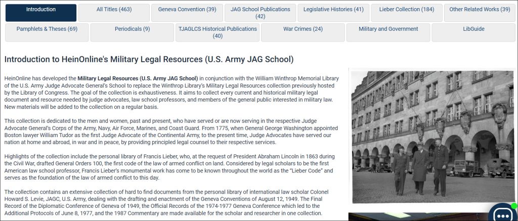 screenshot of the introduction page of HeinOnline's Military Legal Resources Library.
