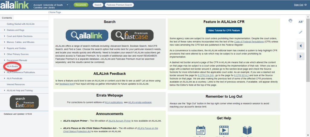 screenshot of ailalink with the AILA books link circled.
